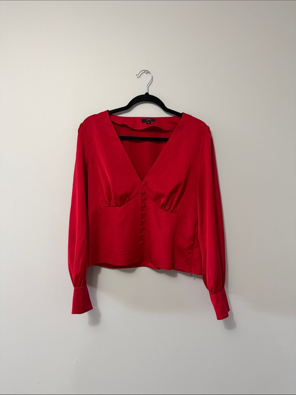 J. Crew Bright Red V-Neck Button-Front Satin Blouse